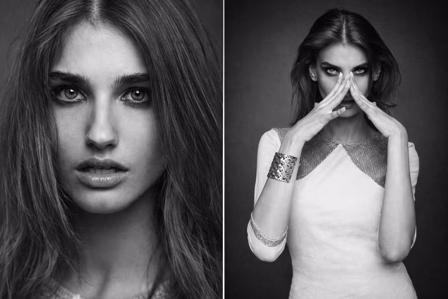 Intenzív tekintetű női divat portré professzionális hajformázással Budapest belvárosi fodrászatában